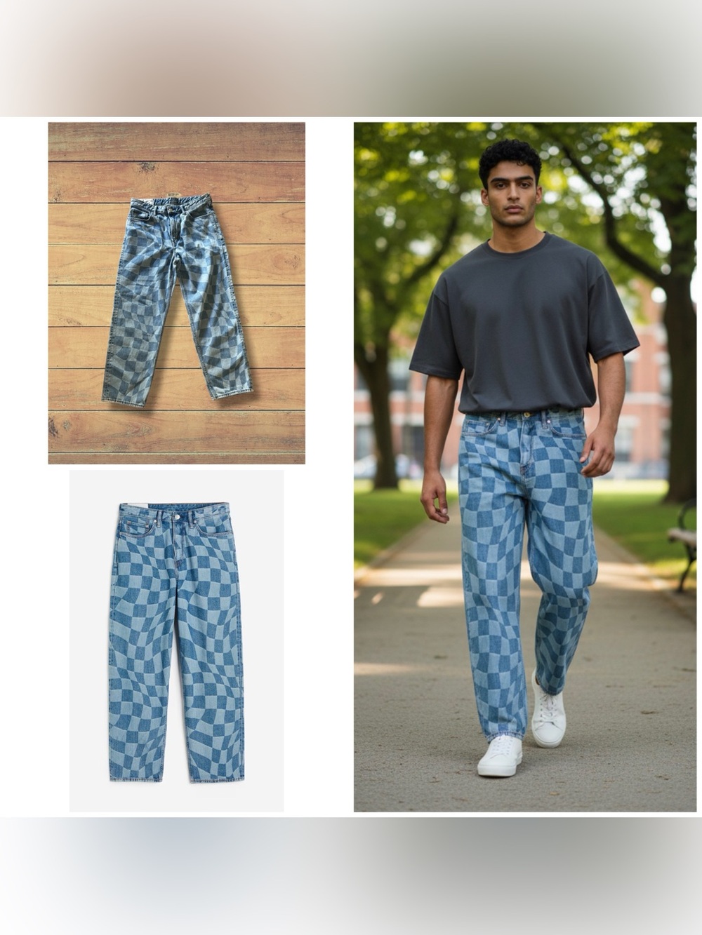 H&M Men's Checkerboard Relaxed Jeans - Blue, Size 34/32